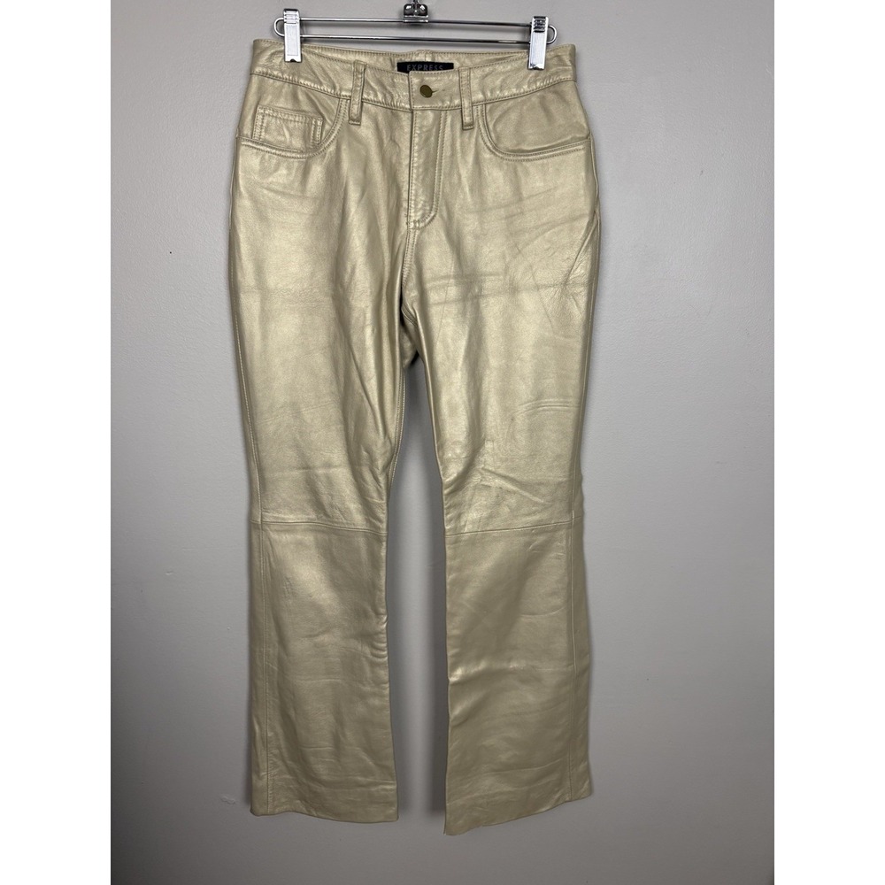 Y2K Vintage Express Gold Shimmer Leather Bootcut Pants Retro Glam Metallic 3/4